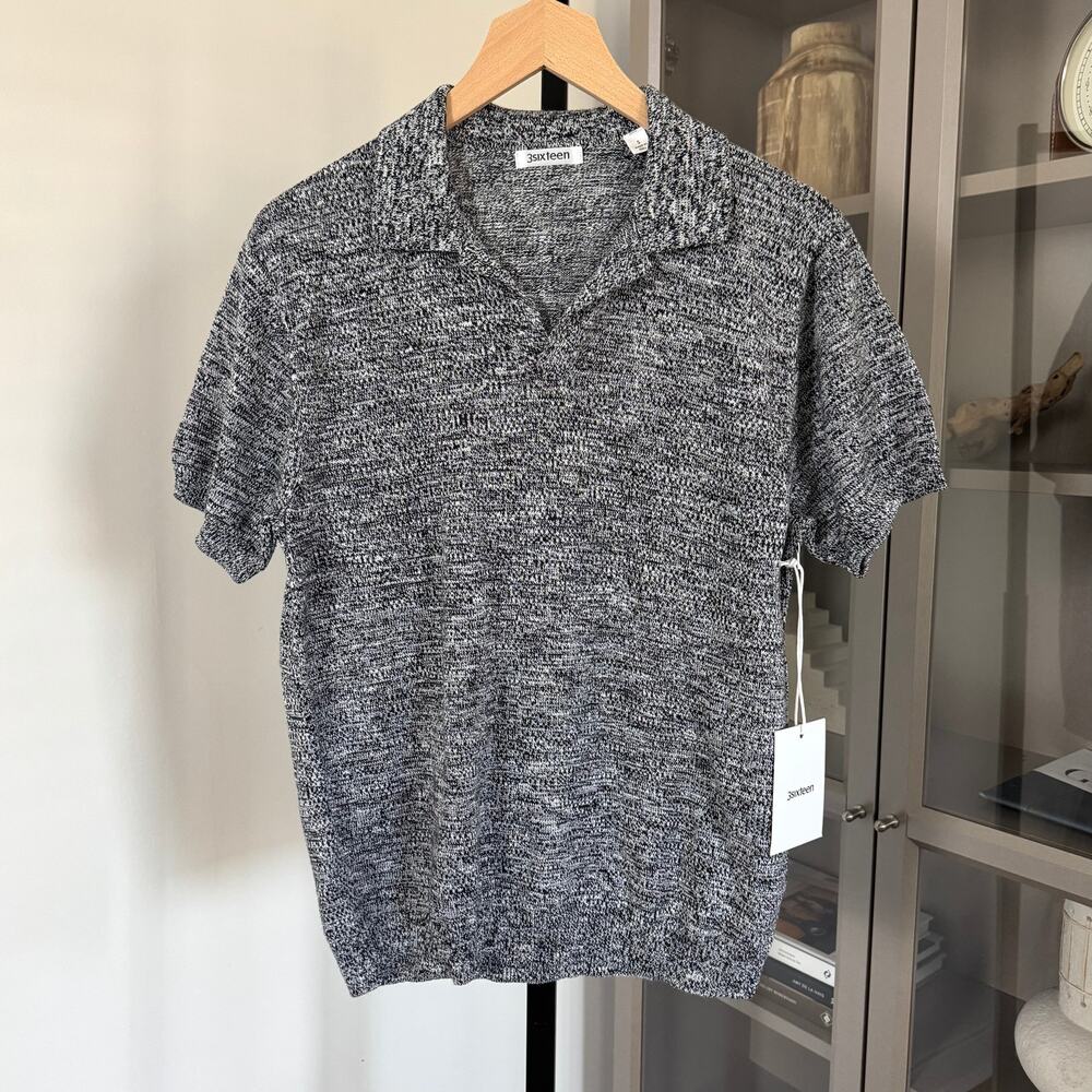 3sixteen Knit Black Marled Short Sleeve Polo Shirt XL NEW Open Collar Sweater